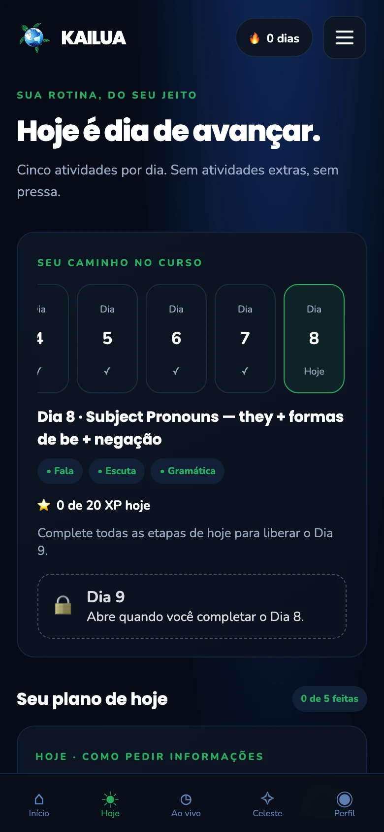 Trilha diária do curso no app Kailua