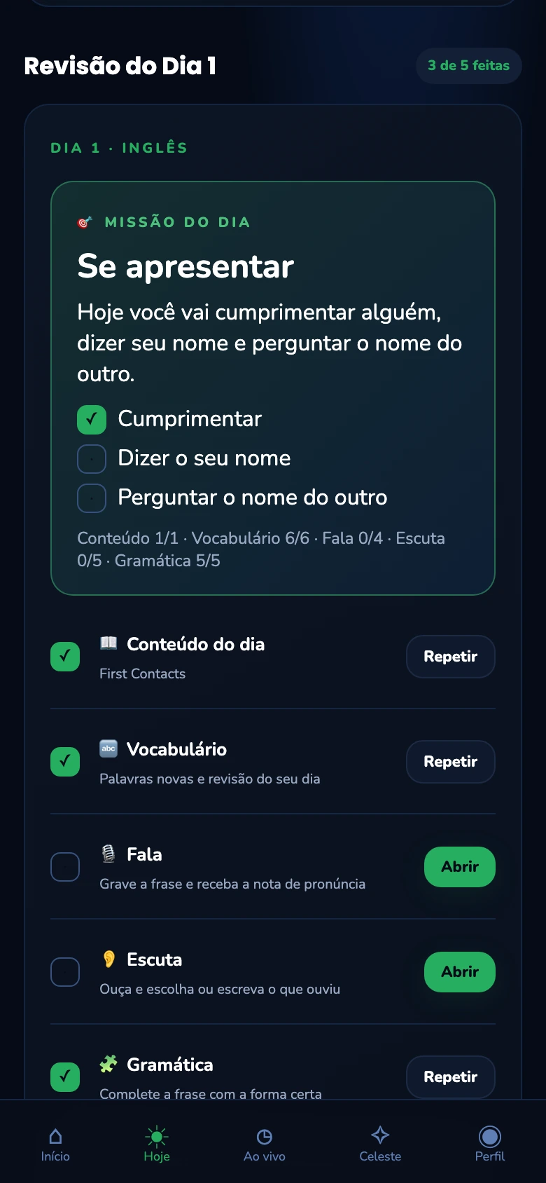 Missão do dia e etapas do curso