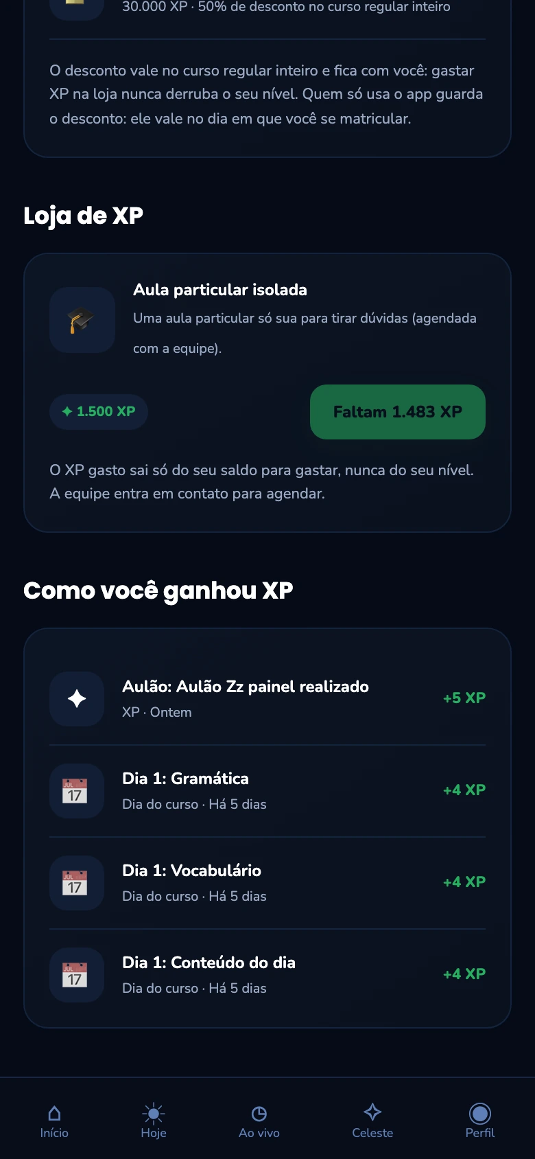 Loja de XP com resgate de aula particular